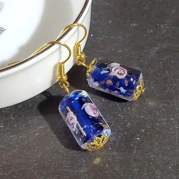 Cobalt Blue Murano Lampwork Glass Flower Inside Vintage Bead Round Tube Earrings - Picture 8 of 10